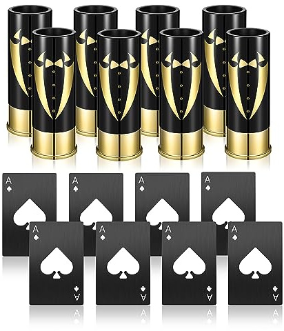 Yoption 16 Pcs Groomsmen Gifts Set, 8pcs Gauge Shot Glasses with 8pcs Credit Card Size Bottle Openers for Wedding Party Proposal Groomsmen Bridesmaid Favors
