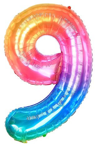 Ponmoo 40 inches Foil Balloons Numbers 9 Neon Rainbow (101cm), Inflatable Helium or Air, Giant Balloon Number 0-9, 10-29, 30-100, Grand Balloons for Anniversary Wedding Birthday Party Decoration