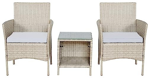 BTEXPERT 3-teiliges Bistro-Set aus Korbgeflecht für den Außenbereich, Garten, Terrasse, Hof, Veranda, Möbel, platzsparend, PE-Rattan, 2 Stühle, Kissen, Seitenaufbewahrung, Glastisch, Grau – Creme