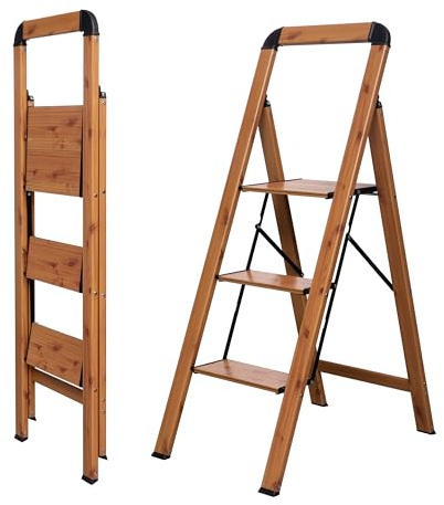 BIBKOKE Step Ladder 3-Step Woodgrain Finish Aluminum Folding Step Ladders Wide Pedal Anti-Slip for Home & Kitchen Office 330 lbs