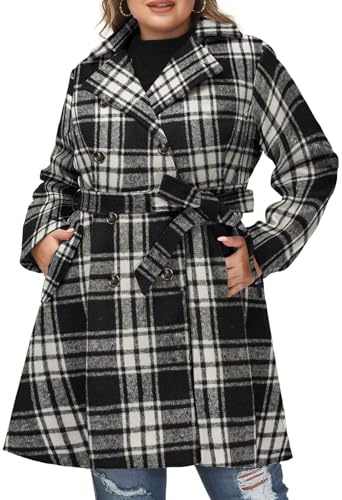 Hanna Nikole Damen Wollmantel Große Größen Zweireihiger Winter Mantel mit Taschen Gürtel Langarm Mittellanger Trenchcoat