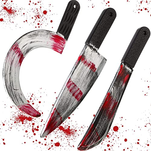 SMELEYOU Costome Cuter Finto Machete Knife 3Pcs Bloody Fake Cuter Halloween Machete Toy, Plastica Halloween Macellaio Falce Sanguinante Puntello Arma Prop per Halloween Party Decorazione