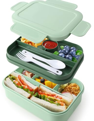 Bento Box für Erwachsene und Kinder, 2000 ml, Doppellagige Lunchbox mit 4 + 4 Fächern, Auslaufsicher, mit Utensilien
