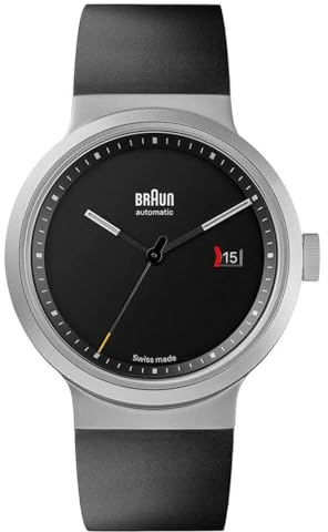 Braun Schweizer Fabrikat 3-Zeiger Automatik-Analoguhr mit Datum, schwarzem Zifferblatt und schwarzem Kautschukarmband, 40 mm Edelstahlgehäuse, Modell BN0279SLBKG