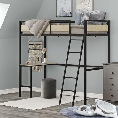 SENHO Hochbett mit Lattenrost und Schreibtisch aus Metall, Epoxidharz und Melamin, Eichenimitat – Liegefläche 90 x 190 cm – Dino (Epoxid, schwarz)