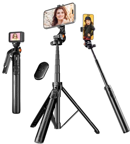 Lusweimi 160 cm Selfie Stick Stativ, 360° Drehbar 4 in 1 Selfie Stick mit Abnehmbarer Fernbedienung,Handy Stativ Kompatibel mit iPhone/Android/Gopro für Selfie/Video/Live Streaming/Vlogging (orange)