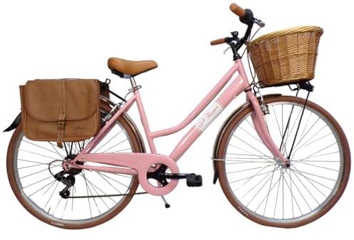 Cicli Tessari - bicicletta da donna bici da città city bike da passeggio 28'' con cambio vintage retro' beige cesto vimini borse laterali (rosa)