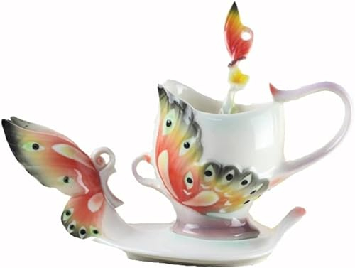 ISolay Juego de té, Juego de Taza y platillo de café Artesanal de Porcelana Francesa, Taza de té roja, Taza de café de cerámica, Taza de té de la Tarde, Taza de Regalo de Boda