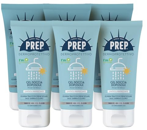Prep, Gel Doccia Doposole Dermoprotettivo, Emolliente e Rinfrescante, Con Aloe Vera, Elimina Tracce di Creme Solari, Sale, Sabbia e Cloro, Per Pelli Sensibili, Senza Parabeni e Siliconi, 6x250ml