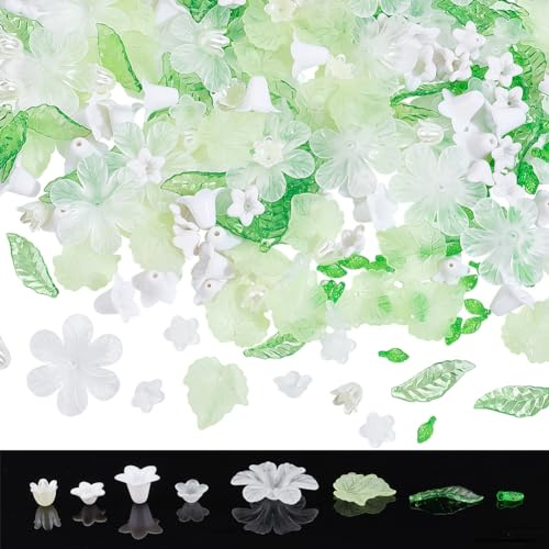 nbeads 300 Stück Acryl-Perlen-Set, 1-2mm Loch Acryl Blumen- Und Blattperlen DIY Schmuck Perlenkappen ABS Kunststoff Perlen Für Armband Halskette Schmuckherstellung, Grün