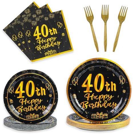 BOKFJBP 96PCS 40th Birthday Plates and Napkins, 24 Guests Cheers to 40 Years Black and Gold Back in 1985 Party Decorations for Anniversary Women Men Mother Father