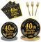 BOKFJBP 96PCS 40th Birthday Plates and Napkins, 24 Guests Cheers to 40 Years Black and Gold Back in 1985 Party Decorations for Anniversary Women Men Mother Father