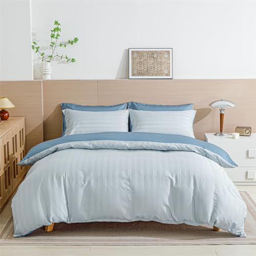 DXHOME Satin Bettwäsche 135x200cm Uni Hellblau Einfarbig Glänzend Seide Gestreift Sommerbettwäsche Luxus Wendebettwäsche Bettbezug mit Reißverschluss + 1 Kissenbezug 80x80 cm