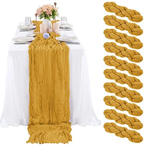 10 Stück senffarbener Käsetuch-Tischläufer, 3 m, Gaze-Tischläufer für Hochzeitsempfang, transparente Brautparty, Geburtstagsparty, Boho-Tischdekoration, rustikaler romantischer Hochzeitsläufer