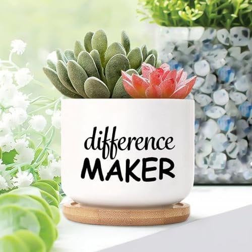 Yelolyio Difference Maker Planters Ceramic Lettering Quotes Round Plant Pot With Drainage Holes And Bamboo Tray Pot For Home Desktop Office Windowsill