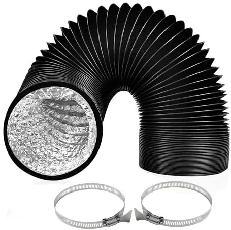 ZIGefofo Abluftschlauch Schwarz 125mm Länge 6m Aluminium Aluflexschlauch Flexibel PVC Alurohr Schlauch mit 2 Schlauchschelle Edelstahl für Klimaanlagen Wäschetrockner Abzugshaube Mobile Klimaanlage