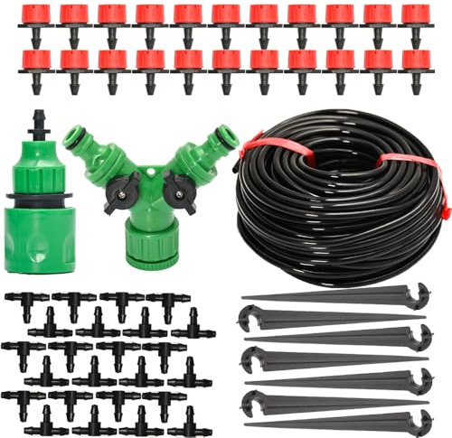 Kit de riego por goteo de 98 pies, tubería de 1/4 de pulgada, equipo de riego automático por microgoteo para invernaderos, granjas, césped, plantas en macetas, emisores ajustables, accesorios de púas