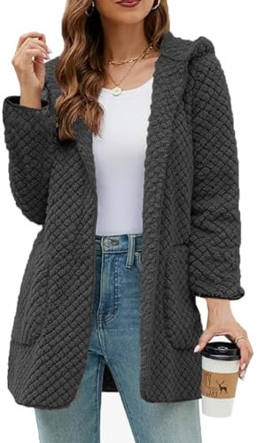 ABYOVRT Felpa con Cappuccio Donna Giacca in Pile Teddy Termica Lunga Cardigan Manica Hoodie Cappotto con Tasche per Autunno Invernale, Grigio, XXL