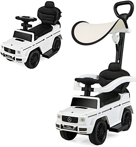 GOPLUS 3 in 1 Mercedes Benz Rutschauto, Schiebewagen mit Schiebegriff, verstellbarem Sonnendach, Schutzgeländer, Hupe & Motorengeräusch, Kinderspielzeug für Kinder ab 1 Jahr (Weiß)