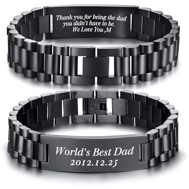 VNOX Armband Herren Gravur Geschenk : Personalisiertes Armband Schwarz Text für Papa Männer Ehemann Frau, Geschenk für ihn Armbänder mit Gravur, Edelstahl Gliederarmband Vatertag Geburtstag