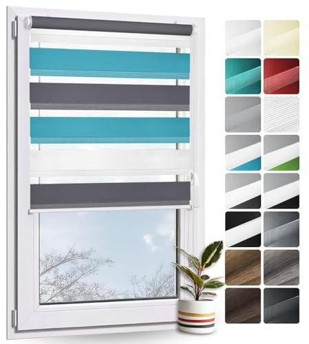 Rollmayer Doppelrollo Klemmfix ohne Bohren Weiß Grau Blau B80 x H130cm | Klemmrollo Fensterrollo Duo Rollo Sonnenschutzrollo Zebrarollo Seitenzugrollo für Fenster und Tür