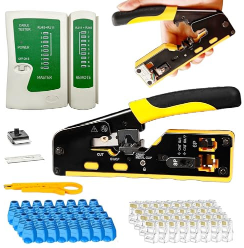 Multifunktionales Netzwerk-Werkzeug-Set,Professionelles RJ45-Crimp-Werkzeug-Set FÜR CAT5/CAT6/CAT7-Kabel,Ethernet-Crimp-Werkzeug Zum Abisolieren,Schneiden,Ergonomisches Design,Professionelles Kit