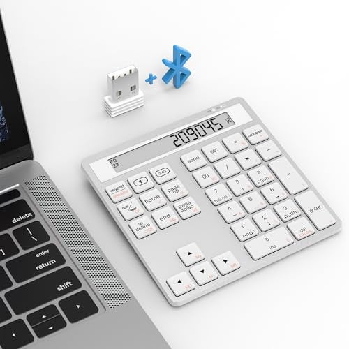 Bluetooth Number Pad - 2.4G Wireless Numeric Keypad with Display Calculator - Wireless Number Pad Slim 34-Key Portable Financial Accounting Numpad Data Entry &Calculation 2in1 for Laptop Desktop White