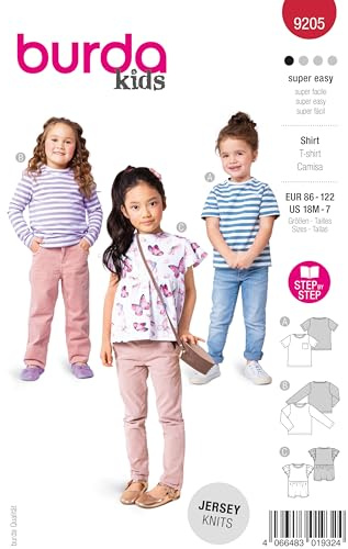 burda kids Schnittmuster Mädchen #9205 Shirts mit Taschen, Rüschen und Flügelärmeln Gr. 86-122