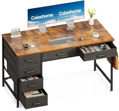 Coleshome Schreibtisch mit 6 Schubladen, 120 x 48 cm Computertisch mit Stauraum, Umkehrbarer Kleiner Tisch mit Kopfhörerhaken für Home Office, Braun
