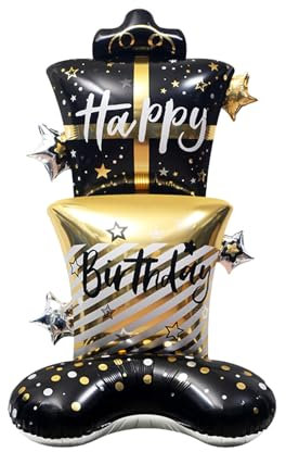 KOBOKO Stehend Folienballons Geburtstag, XXL Happy Birthday Ballon Schwarz Gold, Torten Geburtstagsballons, Helium Ballons Geburtstag Deko, Happy Birthday Ballons für Erwachsene Kindergeburtstag Deko