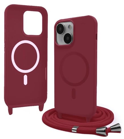 Bigcousin Handykette für iPhone 15 Hülle mit Band,Magnetisch kompatibel mit Magsafe,Silikon Necklace Handyhülle mit verstellbar und abnehmbar,Rot