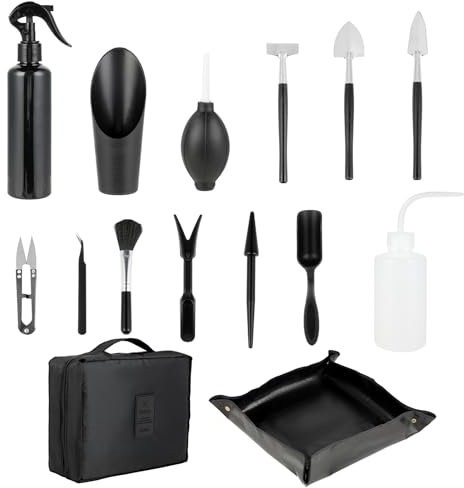 Herramientas Jardinería – Kit Jardinería con Paleta y Tapete 50x50cm – 13 Unid. Herramientas Bonsai para Plantas Suculentas y Trasplantes (Negro)