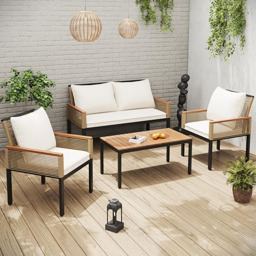 Dolamaní Gartenlounge-Set, Gartenmöbel Set mit Doppelsofa, 2 Sessel und Tisch, Gartenlounge Set mit Bequemem Kissen Outdoor, Rattan, Tisch und Stühle, Grau (Beige-B, für 4 Personen)