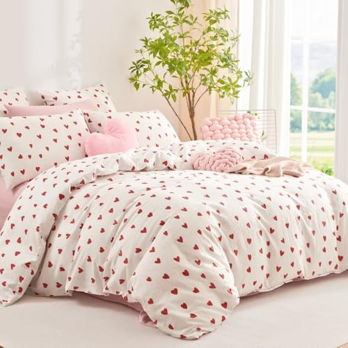 Nayoroom Bettwäsche 140x200 Weiß mit Roten Herzen Baumwolle Musellin Bettbezug 2teilig Rot Weiss Herzchen Aesthetic Cute Kawaii Style Bettwäsche Set und Kissenbezug 70x90 cm mit Reißverschluss