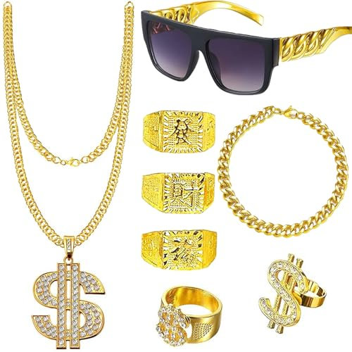 DONGZQAN 8 Stück Gangsterboss Kostüm, Zuhälter Kostüm Herren/Damen, 80er/90er Jahre Outfit, Dollar Kette/Große Goldene Kette/Dollar Ring/Goldenes Armband für Karneval Fasching Mottoparty
