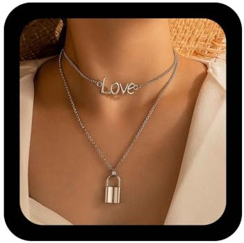 Yienate Punk Layered Word Love Necklace Silver Padlock Necklace Love Choker Lock Pendant Necklaces Rock Statement Layered Lock Necklaces Charm Jewelry for Women