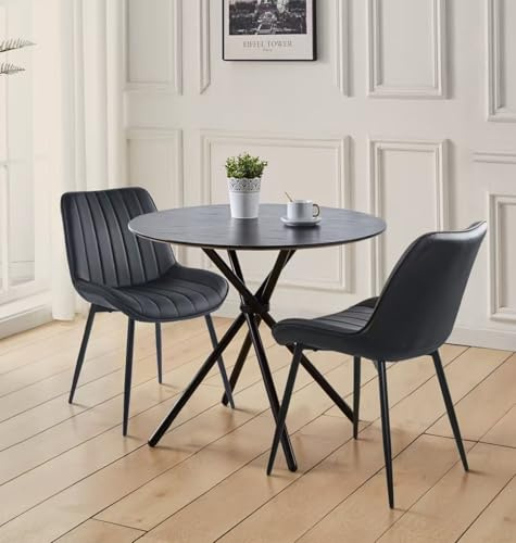 Hallowood Furniture Cullompton Small Dining Table and 2 Chairs 2-Seater Set | Black Wooden Effect Top Round Table and Chairs Set 2 in Black PU Leather, 4-Seater Modern Dining Room Sets for Home and Café