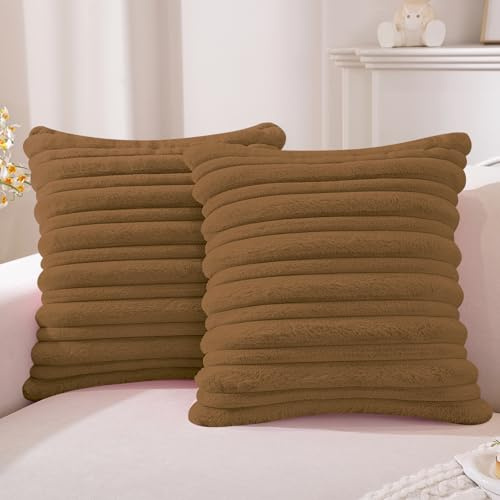 YSTELLAA 2er Set Plüsch Samt Kissenbezug 50x50, Weiche Künstliche Pelz Kissenbezüge, Flauschige Quadratische Kissenhüllen, Sofakissen Bezug Für Sofa Wohnzimmer Schlafzimmer, Hellbraun