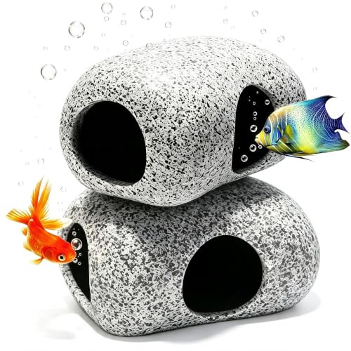 Ceramic Aquarium Hideout Cave for Betta & Shrimp, Pack of 2 | Fish Tank Decoration – Non-Toxic Smooth Edge Ceramic Aquarium Accessory, Cute Stone House Ornament for Small Fish
