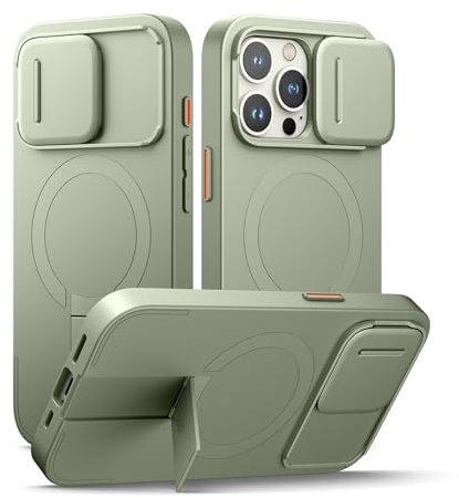 SURITCH Coque Magnétique Compatible avec iPhone 15 Pro, Coque de Protection avec Couvercle Coulissant pour Appareil Photo et Support réglable(Vert)