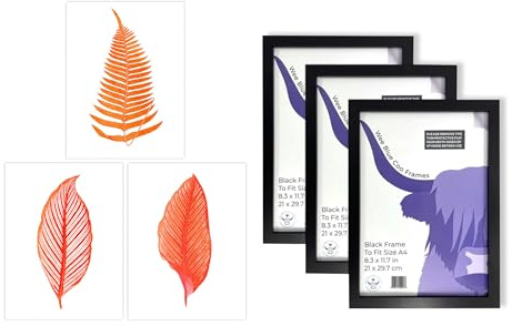 Artery8 Orange Plants Wall Art - Set of 3 A4 Sized Art with Black Frames - Elegant Fern Frond Tree Bright Orange Leaf Detailed Foliage Botanical