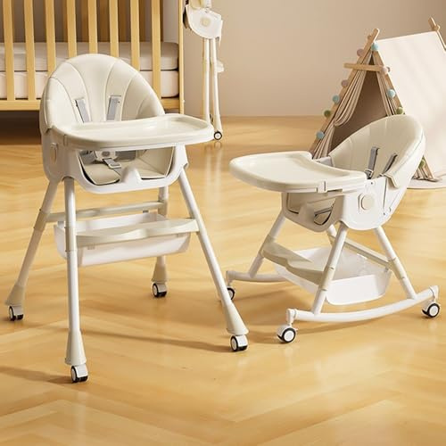 Chaise haute pour bébé enfant 6 en 1 réglable avec harnais 5 points, de la naissance à 6 ans,Réglage rétractable à 4 positions, plateau de service, roues et cheval à bascule,Beige