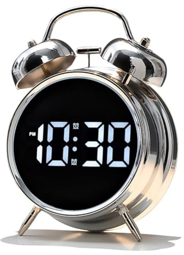 Harewtwy Big Numbers Display Digital Clock with Backlight, Retro Metal Bell Alarm for Sleepers, Small Bedside Clock for Bedrooms Silvery
