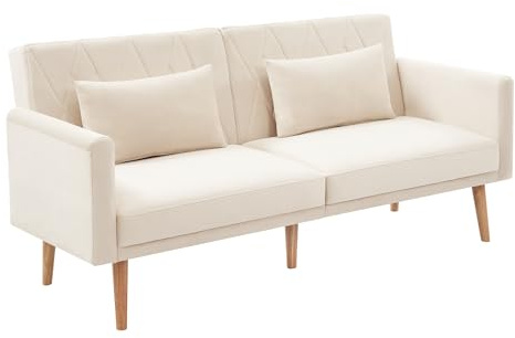 PLLBIKK Schlafcouch, Couch 180cm mit Schlaffunktion, Klappsofa mit Hilfsfüßen und 3-Fach Verstellbare Rückenlehneaus Bettcouch mit 2 Kissen fürs Wohnzimmer, Schlafzimmer, Samt, Beige (Beige)
