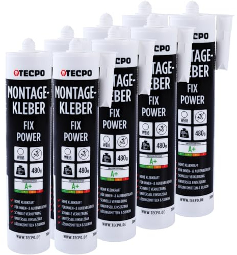 TECPO Montagekleber Fix Power, 8X 480g Universal Baukleber Kartuschen Kraftkleber 200kg 10 cm² für Akustikpaneele, Styropor, Sockelleite Innen und Außen schnelle Verklebung ohne Grundierung