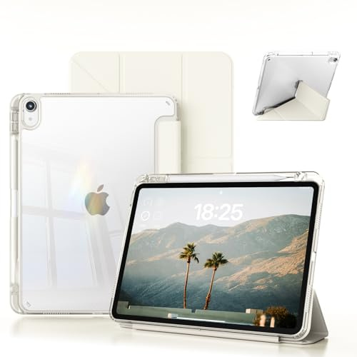 JKSML Hülle für iPad mini 7 (A17 Pro), iPad mini 7./6. Generation (2024/2021)-mit Stifthalter, 5-in-1-Y-förmiger klappbarer Ständer, Multi-Winkelm, transparent, Auto Schlaf/Weck (Weiße Creme)