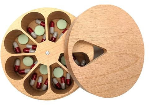 Pillendose, rund, für 7 Tage, aus Holz, Pillen-Organizer, wöchentlicher Spender, Tablettenbox mit Deckel, Küchengewürzbehälter