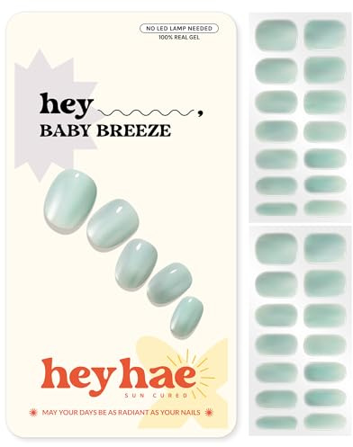 Heyhae Semi Cured Gel Nail Strips - Hey, Baby Breeze | Mint Jelly | Sun Cured No UV Light Needed, Salon Quality, Easy Apply & Remove | 28 Strips, Prep Pad, Nail File, Wooden Stick