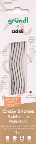 Gründl Wolle addi CraSy Snakes Nadelspiel 15 cm 3,00 mm | ergonomisches Nadelspiel in Wellenform mit lebenslanger Garantie - Stricknadeln für Socken stricken - Strumpfstricknadeln