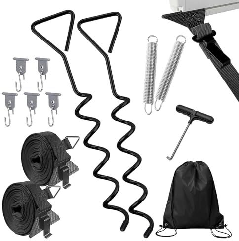 H Hawsam Sturmband Markise Set,Sturmsicherung für Vorzelt, Sturmbänder für Markisen mit Sturmbänder Erdanker Abspanngurte 2 Verbindungsmethoden,Markisenzubehör für Camping Wohnmobil(Schwarz)